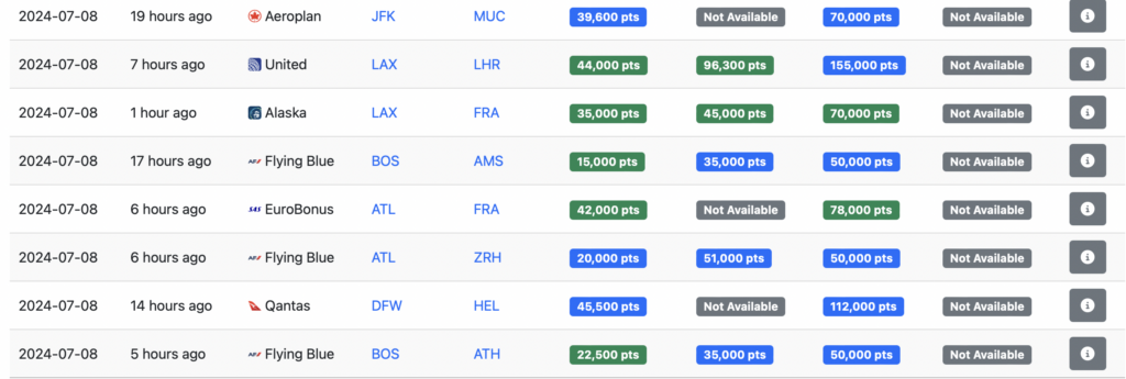 Screenshot of seats.aero